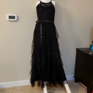 Candalite black gown with sequins and lace, flowy skirt, S, floor length